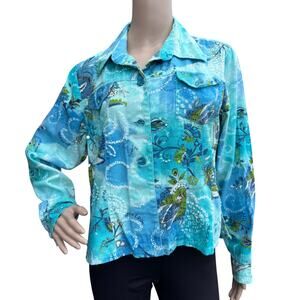 New Identity Blue Floral Print Button-Up Blouse, M, Beaded Sequin Cotton Shirt